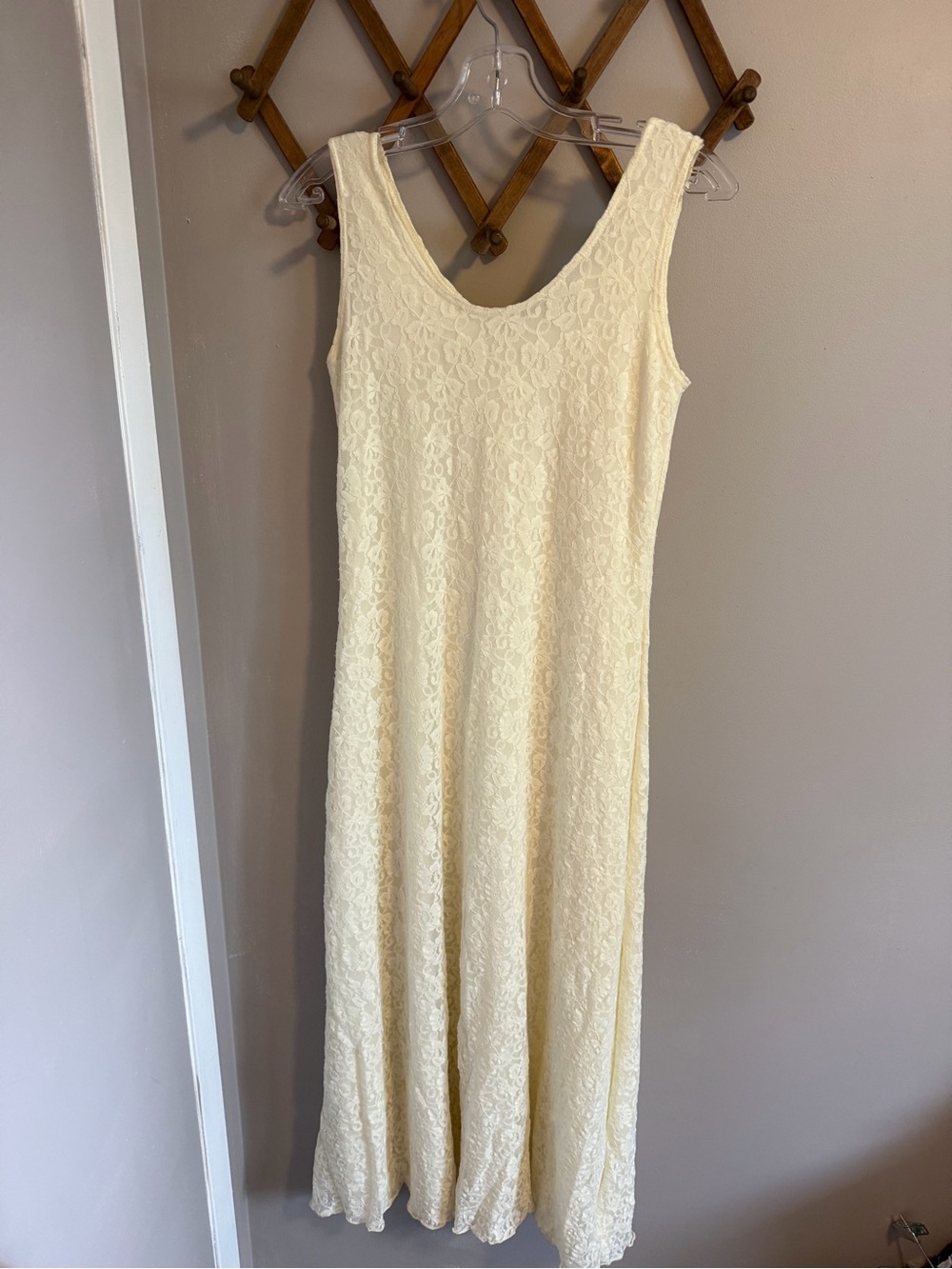 Vintage Style Cream Floral Stretch Lace Scoop Neck Maxi Slip Dress M